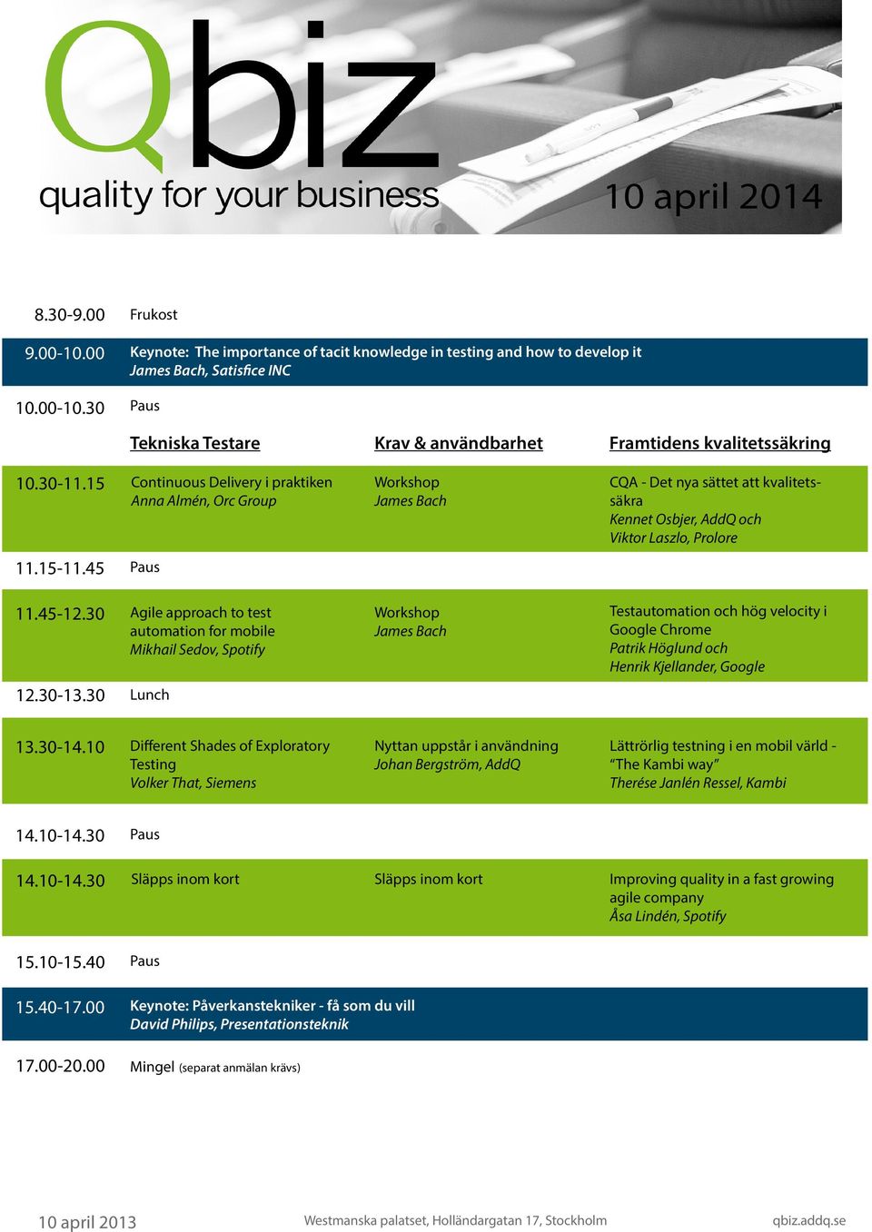 30 Frukost Keynote: The importance of tacit knowledge in testing and how to develop it James Bach, Satisfice INC Tekniska Testare Krav & användbarhet Framtidens kvalitetssäkring Continuous Delivery i