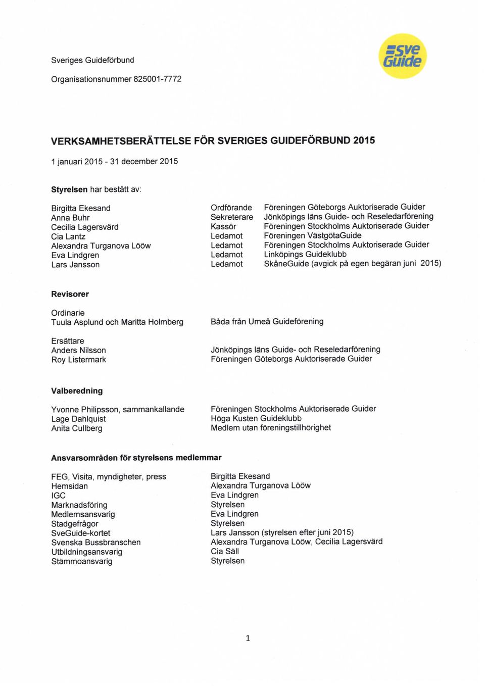 Guider Föreningen VästgötaGuide Föreningen Stockholms Auktoriserade Guider Linköpings Guideklubb SkåneGuide (avgick på egen begäran juni 2015) Revisorer Ordinarie Tuula Asplund och Maritta Holmberg