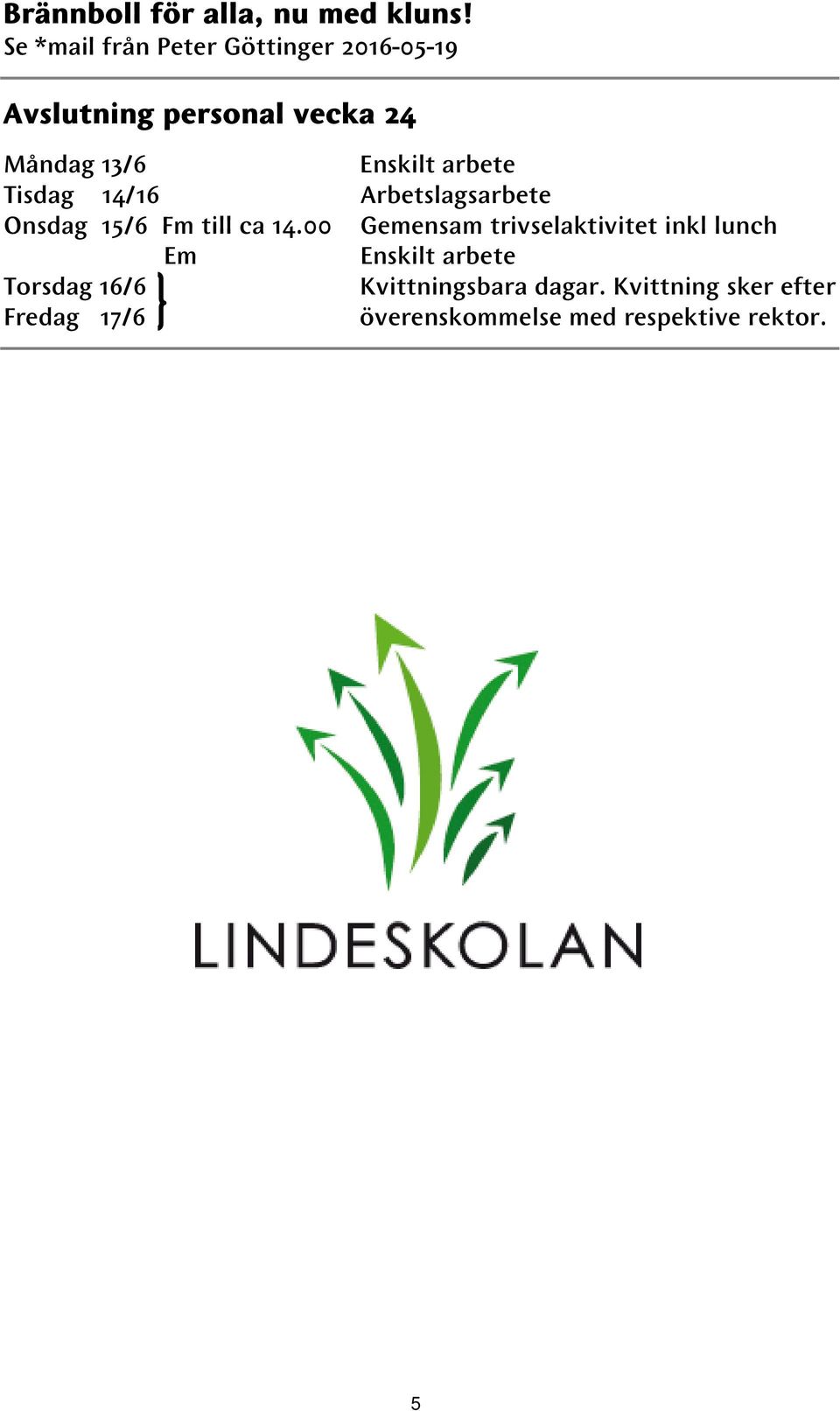 Enskilt arbete Tisdag 14/16 Arbetslagsarbete Onsdag 15/6 Fm till ca 14.