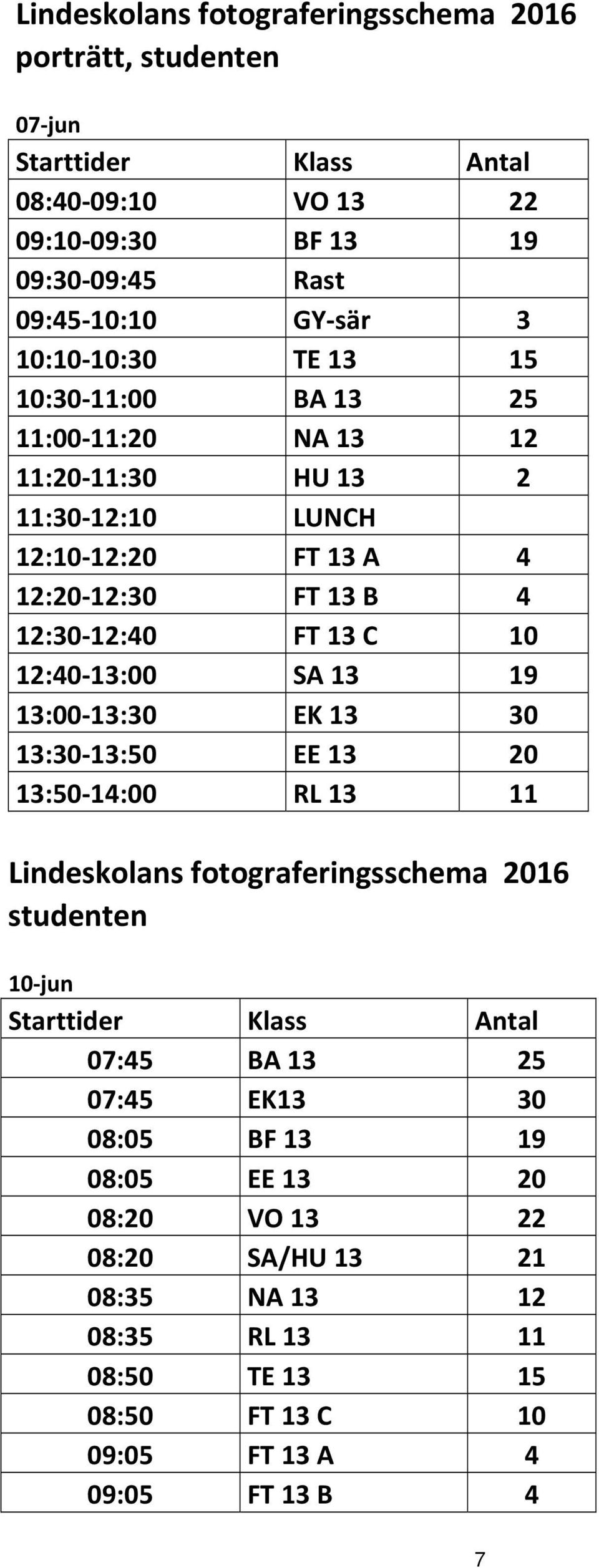 12:40 13:00 SA 13 19 13:00 13:30 EK 13 30 13:30 13:50 EE 13 20 13:50 14:00 RL 13 11 Lindeskolans fotograferingsschema 2016 studenten 10 jun Starttider Klass Antal 07:45 BA