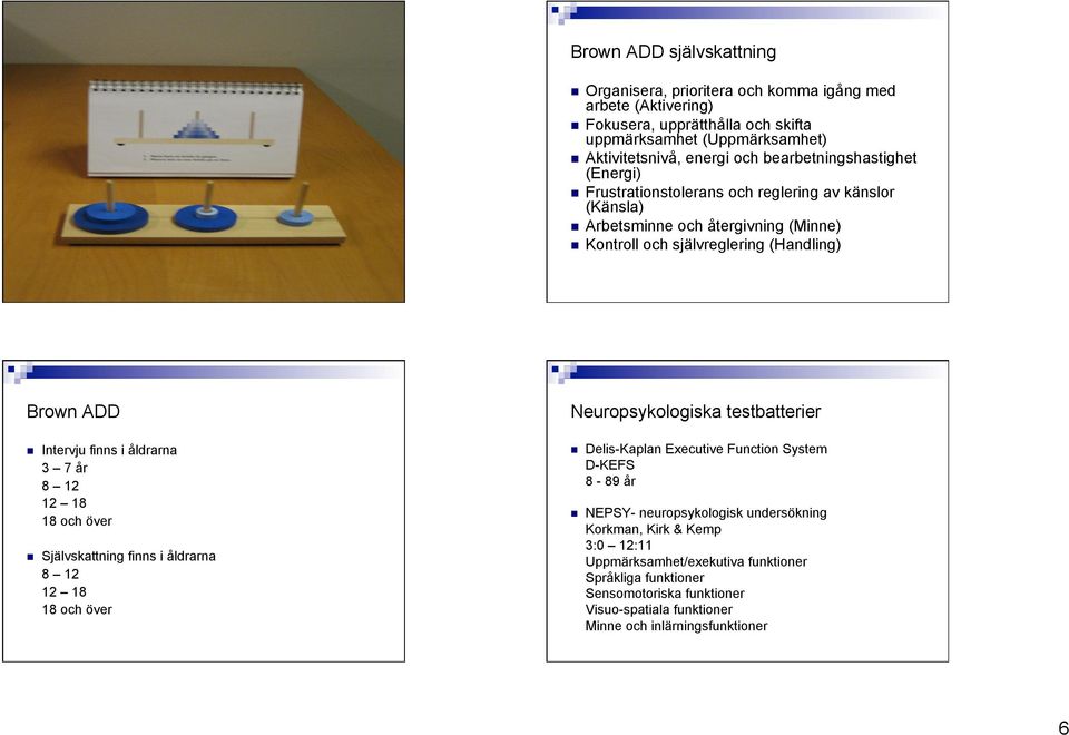 (Känsla) Arbetsminne och återgivning (Minne) Kontroll och självreglering (Handling) Neuropsykologiska testbatterier Delis-Kaplan Executive Function System D-KEFS 8-89 år NEPSY-