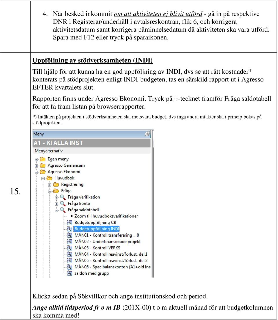Uppföljning av stödverksamheten (INDI) Till hjälp för att kunna ha en god uppföljning av INDI, dvs se att rätt kostnader* konterats på stödprojekten enligt INDI-budgeten, tas en särskild rapport ut i
