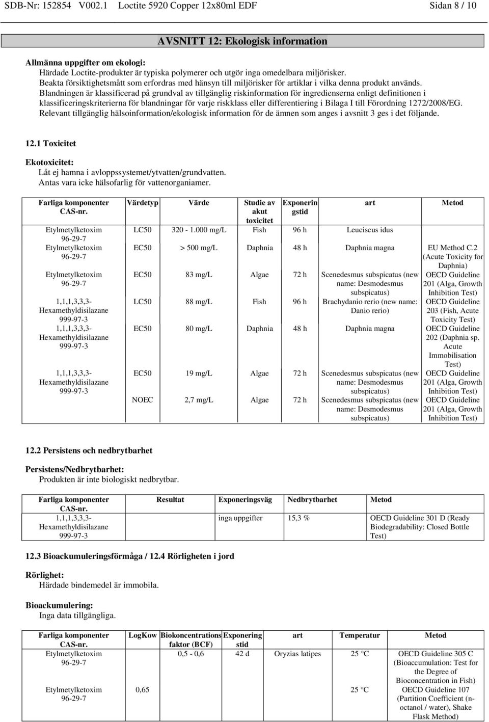 Beakta försiktighetsmått som erfordras med hänsyn till miljörisker för artiklar i vilka denna produkt används.