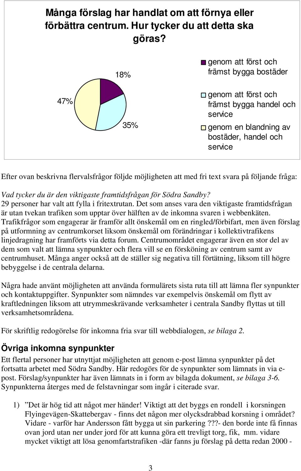 möjligheten att med fri text svara på följande fråga: Vad tycker du är den viktigaste framtidsfrågan för Södra Sandby? 29 personer har valt att fylla i fritextrutan.