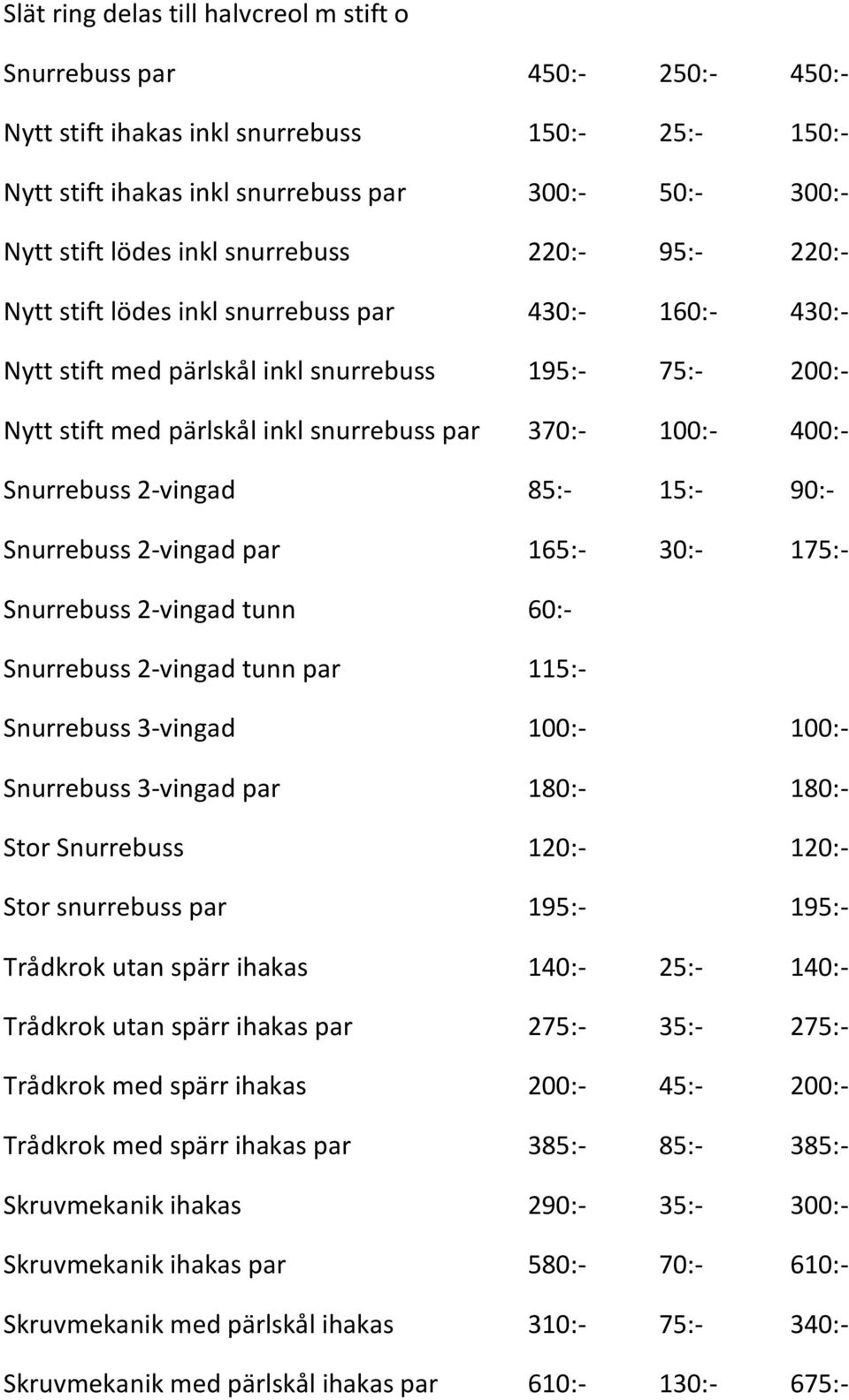 100:- 400:- Snurrebuss 2-vingad 85:- 15:- 90:- Snurrebuss 2-vingad par 165:- 30:- 175:- Snurrebuss 2-vingad tunn 60:- Snurrebuss 2-vingad tunn par 115:- Snurrebuss 3-vingad 100:- 100:- Snurrebuss