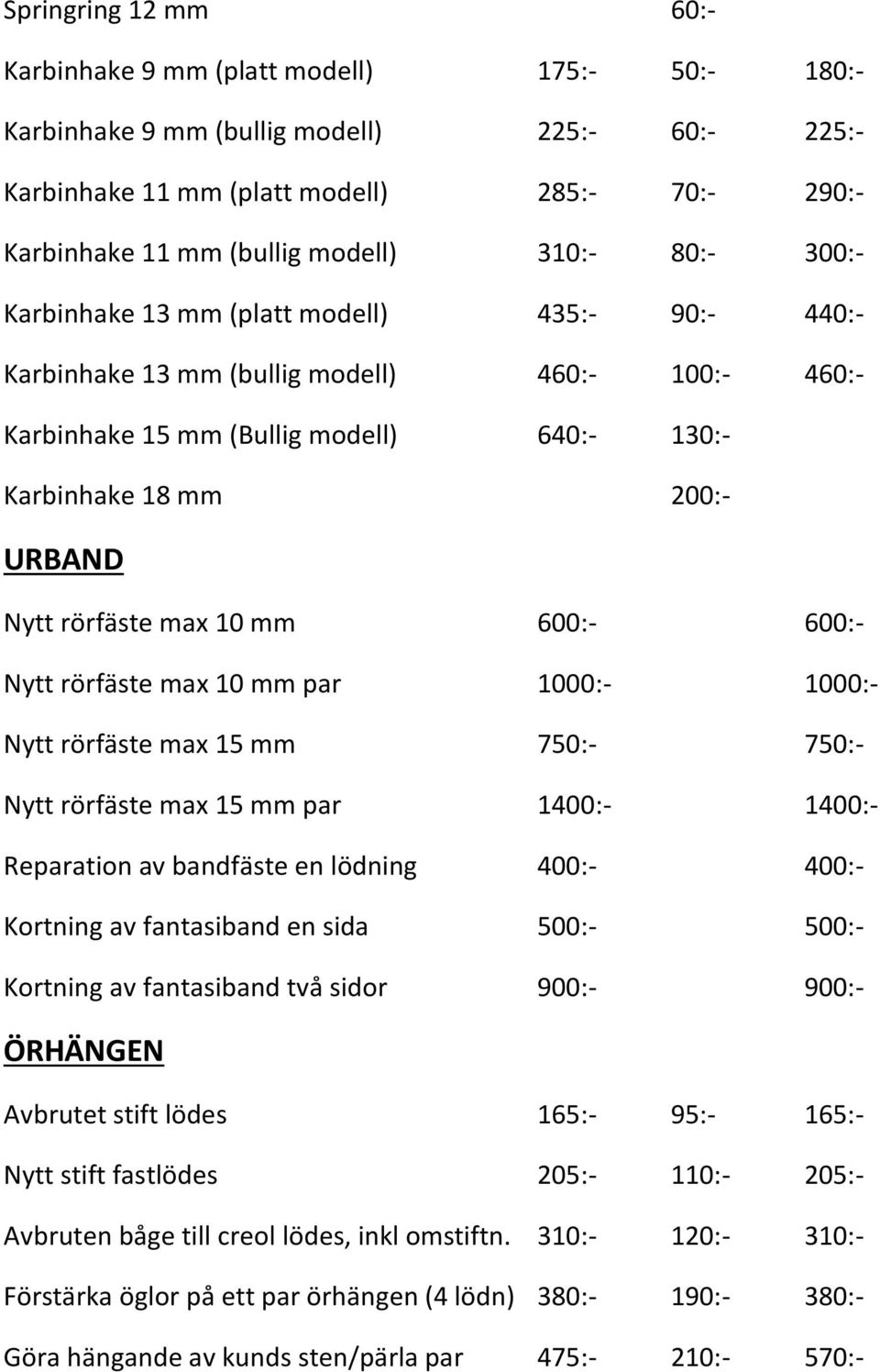 Nytt rörfäste max 10 mm 600:- 600:- Nytt rörfäste max 10 mm par 1000:- 1000:- Nytt rörfäste max 15 mm 750:- 750:- Nytt rörfäste max 15 mm par 1400:- 1400:- Reparation av bandfäste en lödning 400:-