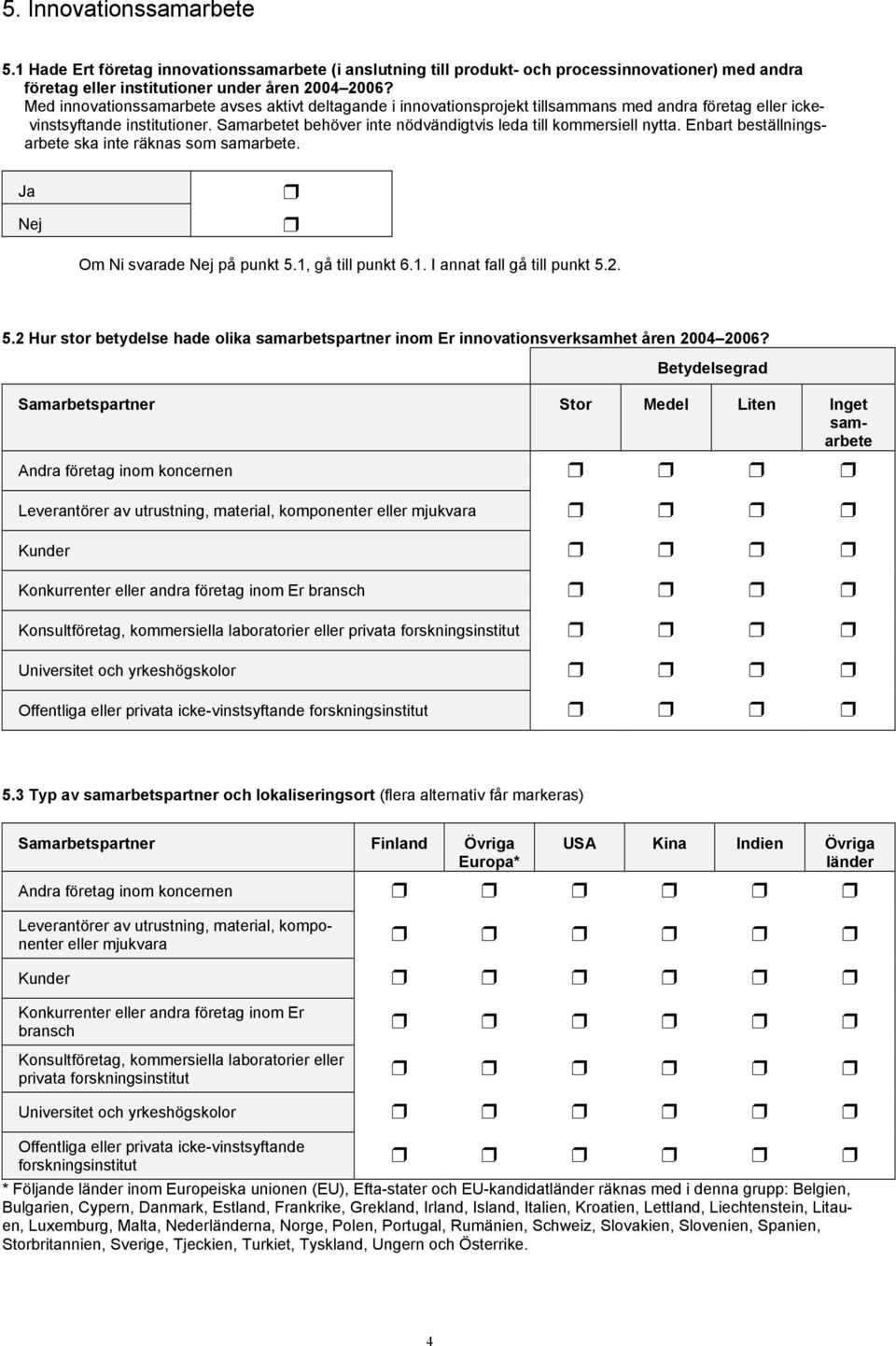 Samarbetet behöver inte nödvändigtvis leda till kommersiell nytta. Enbart beställningsarbete ska inte räknas som samarbete. Om Ni svarade på punkt 5.1, gå till punkt 6.1. I annat fall gå till punkt 5.