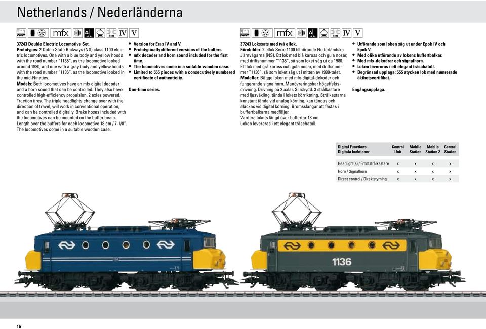 the mid-nineties. Models: Both locomotives have an mfx digital decoder and a horn sound that can be controlled. They also have controlled high-efficiency propulsion. 2 axles powered. Traction tires.
