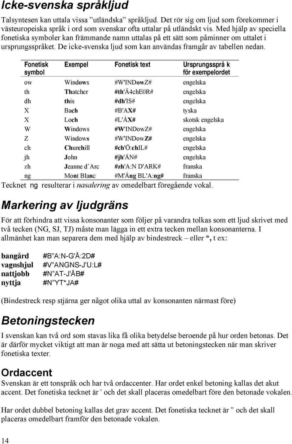 Fonetisk symbol Exempel Fonetisk text Ursprungssprå k för exempelordet ow Windows #W'INDowZ# engelska th Thatcher #th'ä4che0r# engelska dh this #dh'is# engelska X Bach #B'AX# tyska X Loch #L'ÅX#