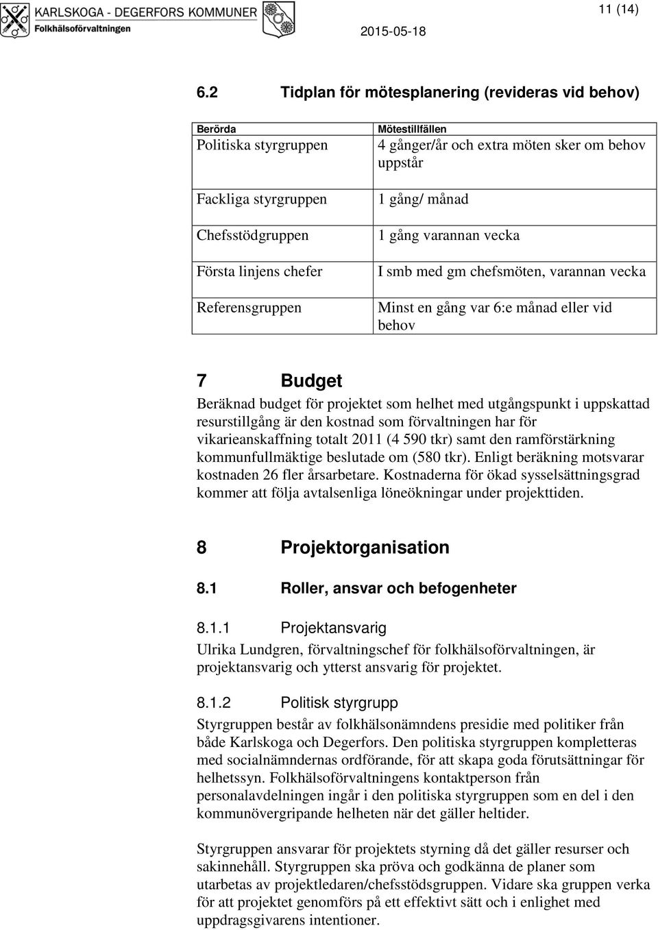 möten sker om behov uppstår 1 gång/ månad 1 gång varannan vecka I smb med gm chefsmöten, varannan vecka Minst en gång var 6:e månad eller vid behov 7 Budget Beräknad budget för projektet som helhet