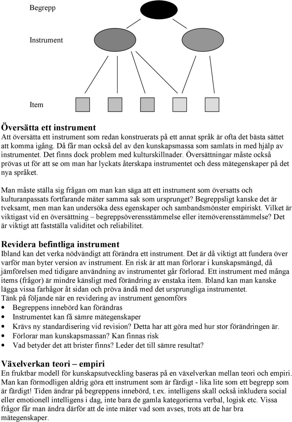 Översättningar måste också prövas ut för att se om man har lyckats återskapa instrumentet och dess mätegenskaper på det nya språket.