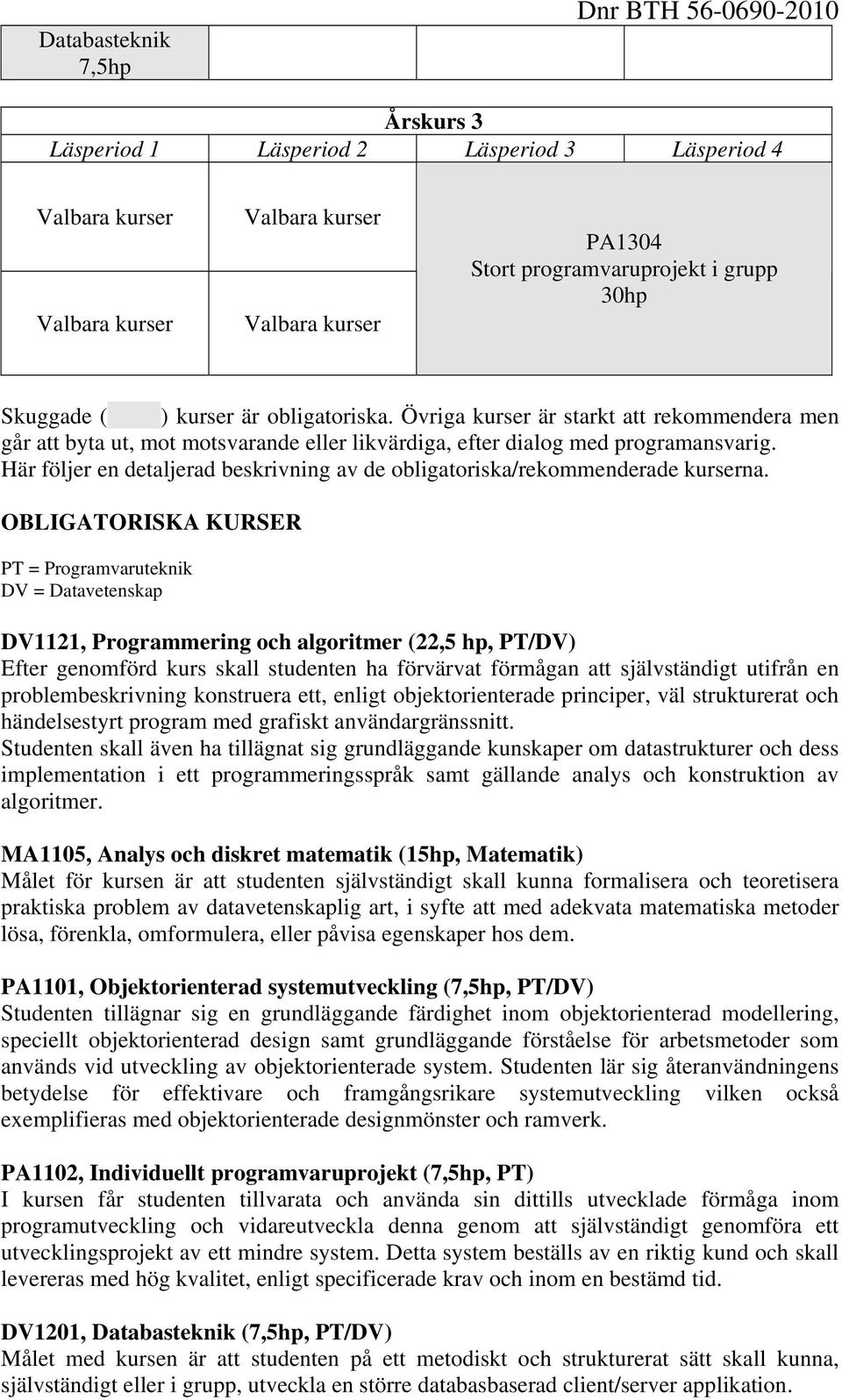 Här följer en detaljerad beskrivning av de obligatoriska/rekommenderade kurserna.