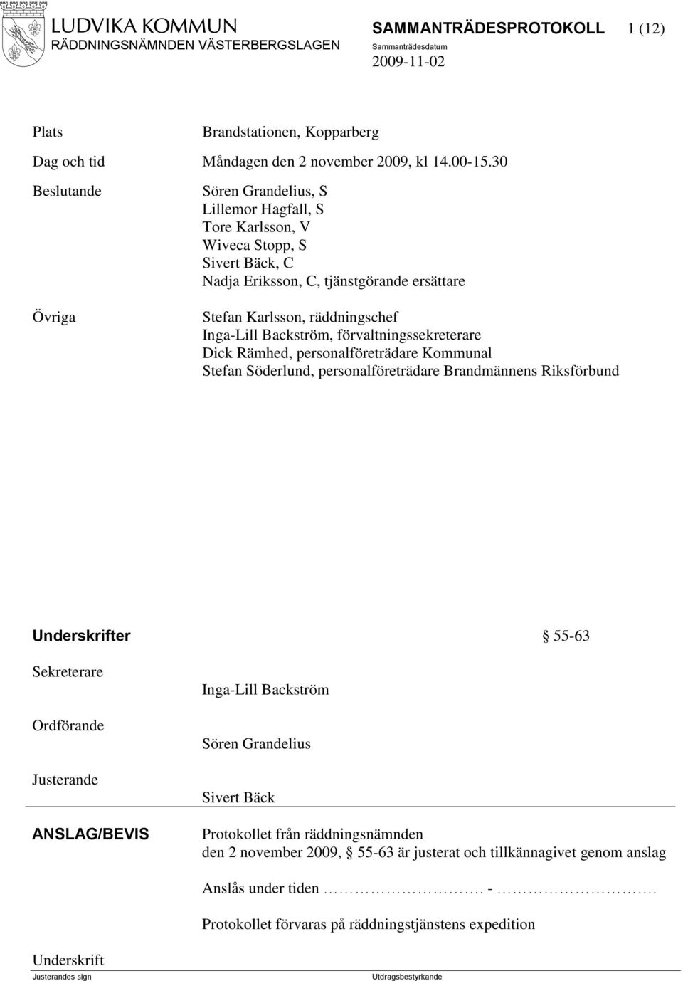 Backström, förvaltningssekreterare Dick Rämhed, personalföreträdare Kommunal Stefan Söderlund, personalföreträdare Brandmännens Riksförbund Underskrifter Sekreterare Ordförande Justerande