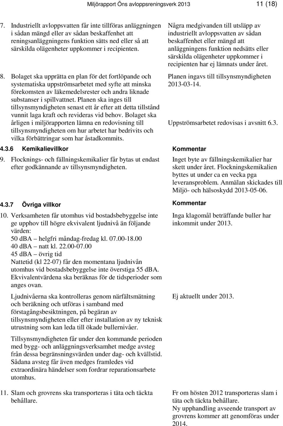 recipienten. 8. Bolaget ska upprätta en plan för det fortlöpande och systematiska uppströmsarbetet med syfte att minska förekomsten av läkemedelsrester och andra liknade substanser i spillvattnet.