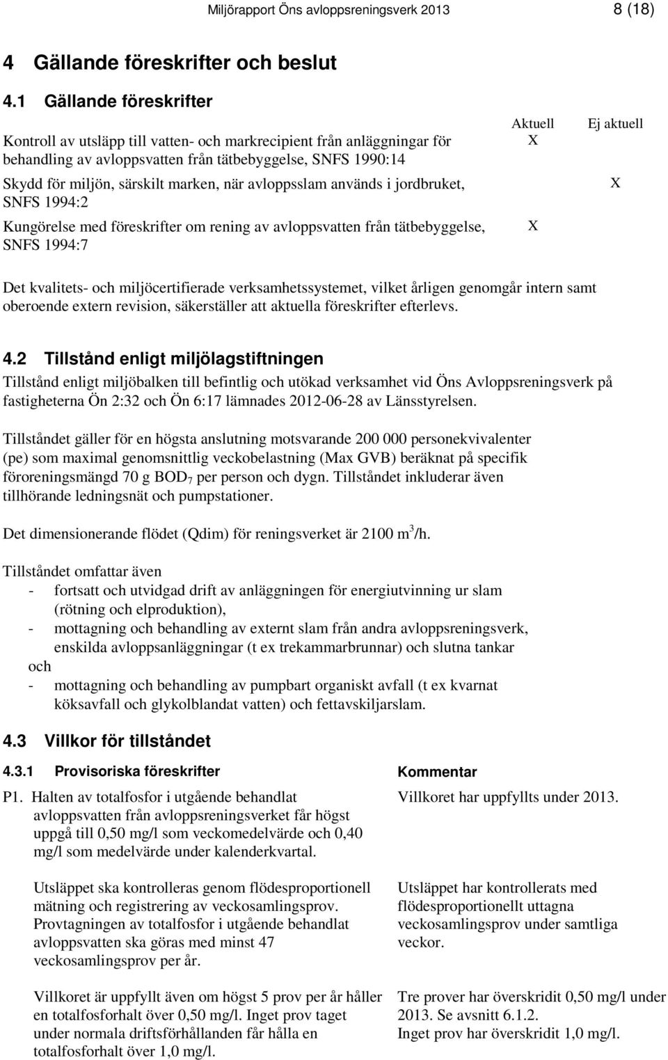 avloppsslam används i jordbruket, SNFS 1994:2 Kungörelse med föreskrifter om rening av avloppsvatten från tätbebyggelse, SNFS 1994:7 Aktuell X X Ej aktuell X Det kvalitets- och miljöcertifierade