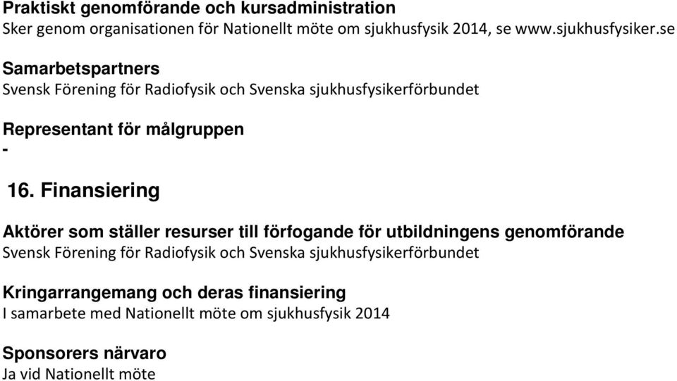 Finansiering Aktörer som ställer resurser till förfogande för utbildningens genomförande Svensk Förening för Radiofysik och Svenska