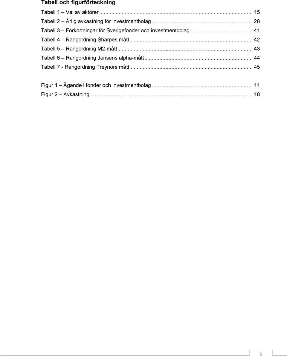 .. 42 Tabell 5 Rangordning M2-mått... 43 Tabell 6 Rangordning Jensens alpha-mått.