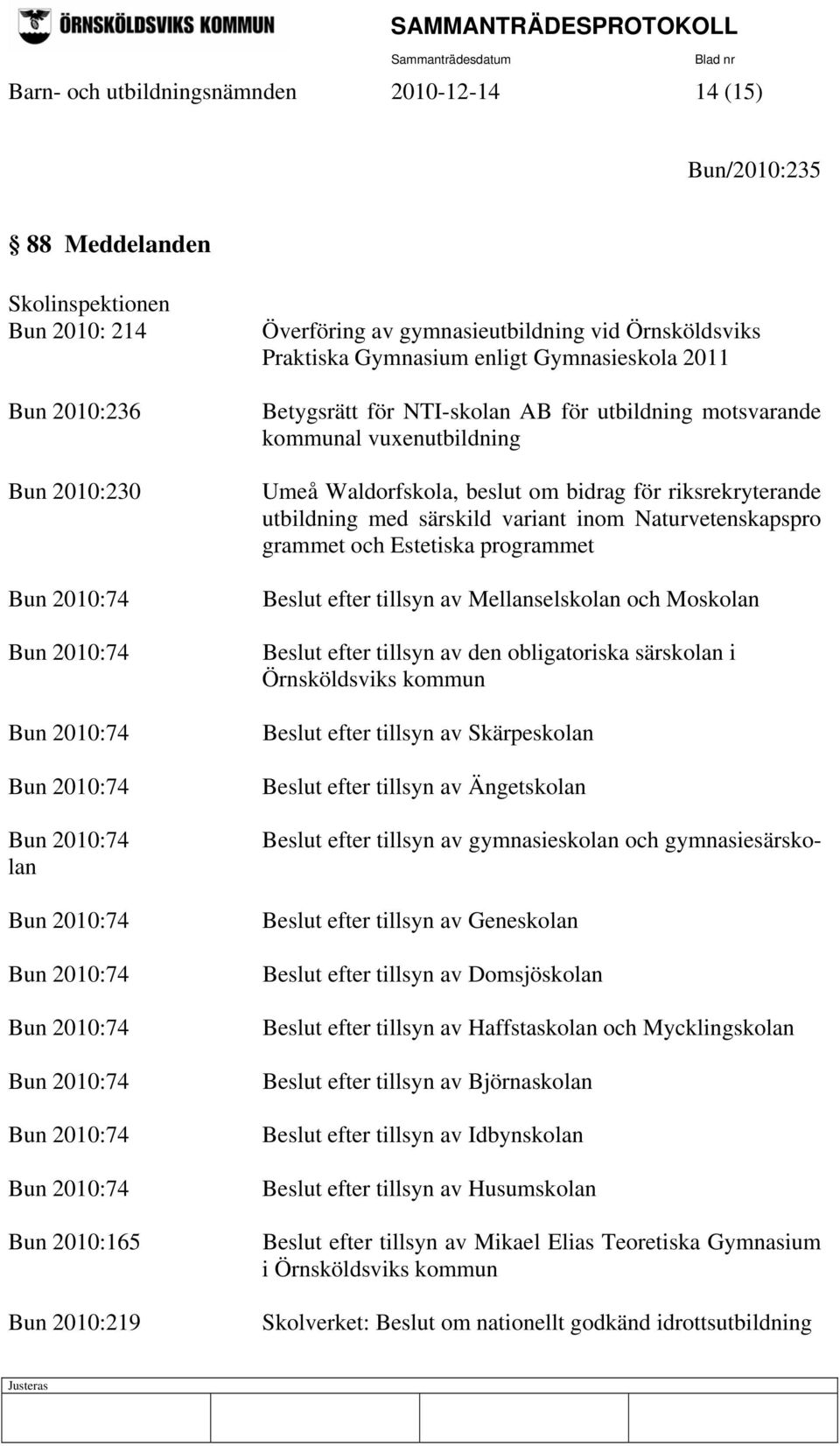 Umeå Waldorfskola, beslut om bidrag för riksrekryterande utbildning med särskild variant inom Naturvetenskapspro grammet och Estetiska programmet Beslut efter tillsyn av Mellanselskolan och Moskolan