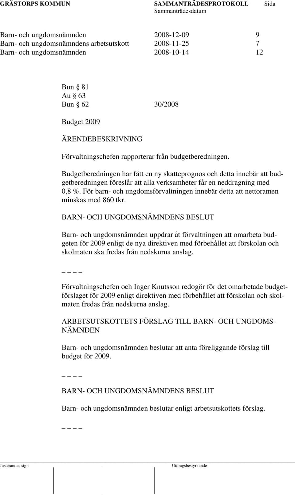 För barn- och ungdomsförvaltningen innebär detta att nettoramen minskas med 860 tkr.