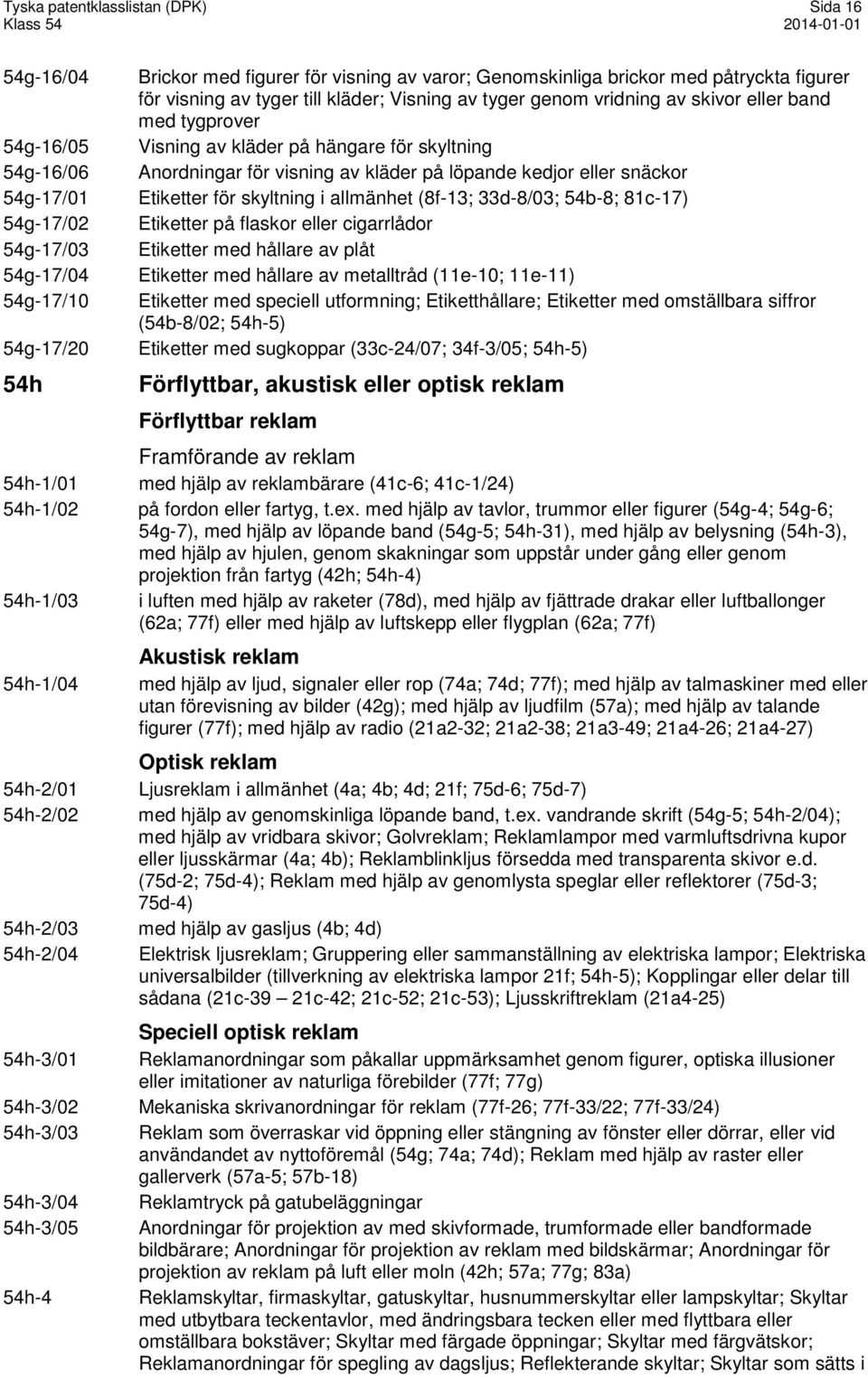 Anordningar för visning av kläder på löpande kedjor eller snäckor Etiketter för skyltning i allmänhet (8f-13; 33d-8/03; 54b-8; 81c-17) Etiketter på flaskor eller cigarrlådor Etiketter med hållare av