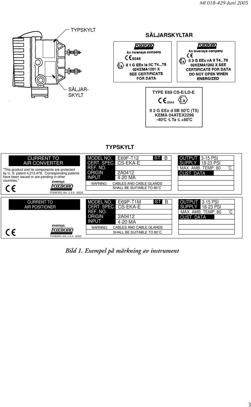 CERT. SPEC. REF. NO. ORIGIN INPUT WARNING: E69F-T12 CS-EKA-E 2A0412 4-20 MA ST CABLES AND CABLE GLANDS SHALL BE SUITABLE TO 80 C B OUTPUT 3-15 PSI SUPPLY 18-23 PSI MAX. AMB. TEMP. 80 CUST.