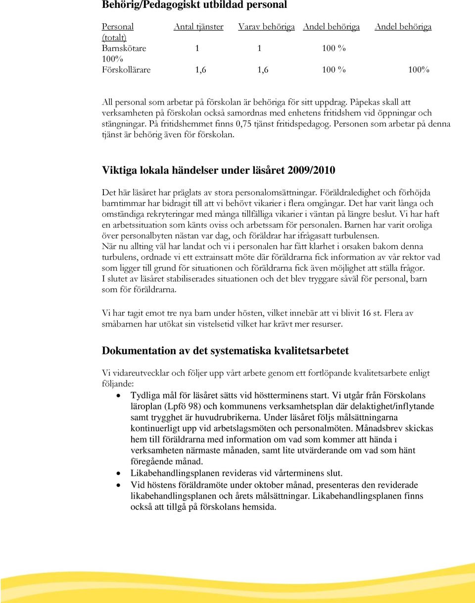 På fritidshemmet finns 0,75 tjänst fritidspedagog. Personen som arbetar på denna tjänst är behörig även för förskolan.