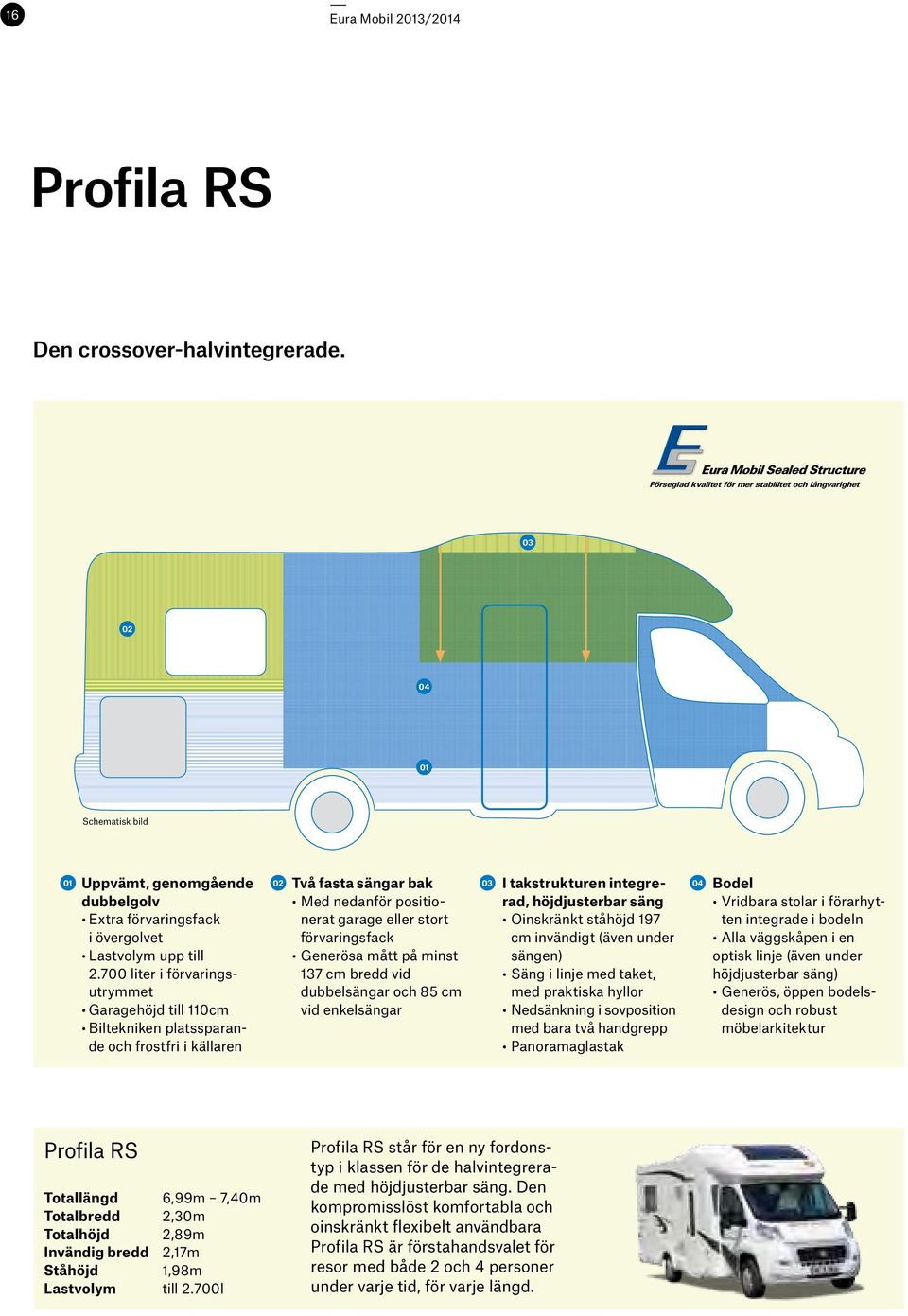 700 liter i förvaringsutrymmet Garagehöjd till 110cm Biltekniken platssparande och frostfri i källaren Två fasta sängar bak Med nedanför positionerat garage eller stort förvaringsfack Generösa mått