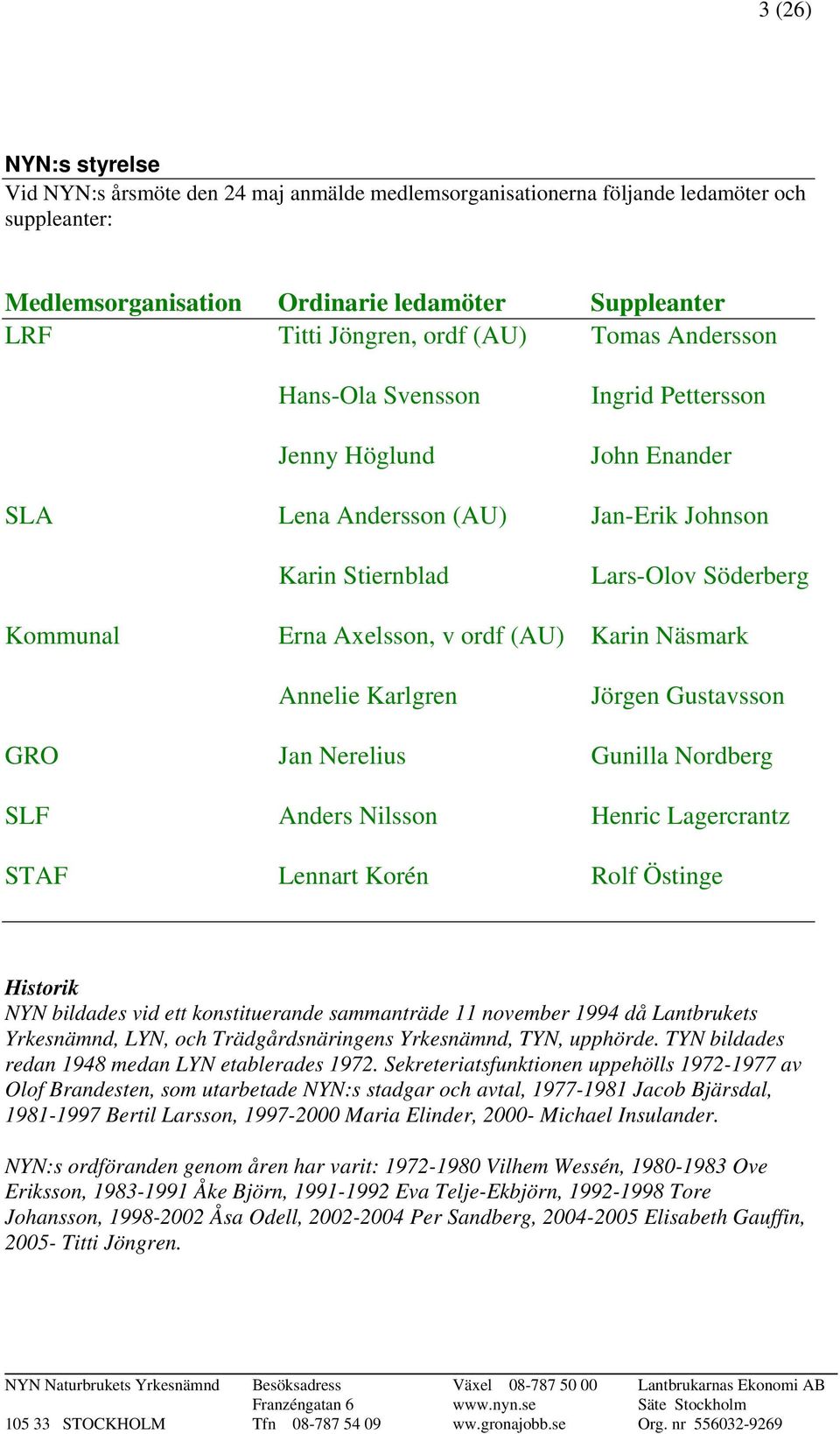 Näsmark Annelie Karlgren Jörgen Gustavsson GRO Jan Nerelius Gunilla Nordberg SLF Anders Nilsson Henric Lagercrantz STAF Lennart Korén Rolf Östinge Historik NYN bildades vid ett konstituerande