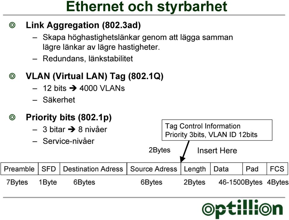 Redundans, länkstabilitet VLAN (Virtual LAN) Tag (802.1Q) 12 bits 4000 VLANs Säkerhet Priority bits (802.
