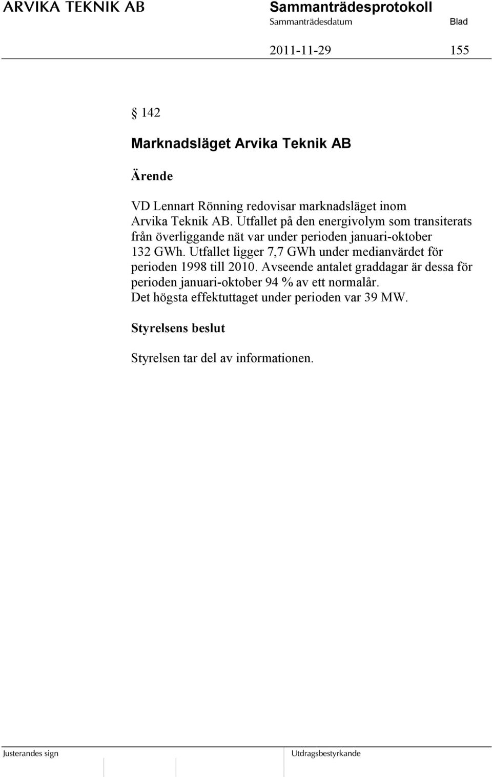 Utfallet ligger 7,7 GWh under medianvärdet för perioden 1998 till 2010.