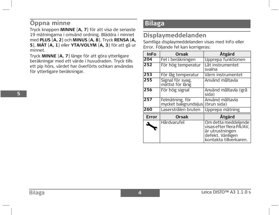 Tryck tills ett pip hörs, värdet har överförts ochkan användas för ytterligare beräkningar. Bilaga 4 Bilaga Displaymeddelanden amtliga displaymeddelanden visas med no eller rror.