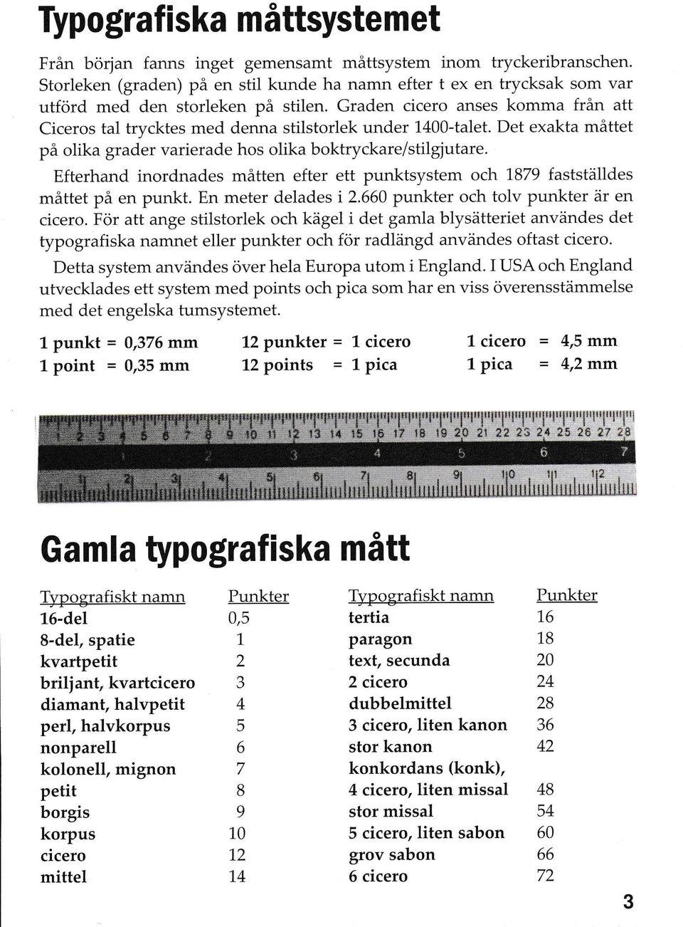 Det exakta måttet på olika grader varierade hos olika boktryckare/stilgjutare. Efterhand inordnades måtten efter ett punktsystem och 1879 faststäildes måttet på en punkt. En meter delade s i 2.