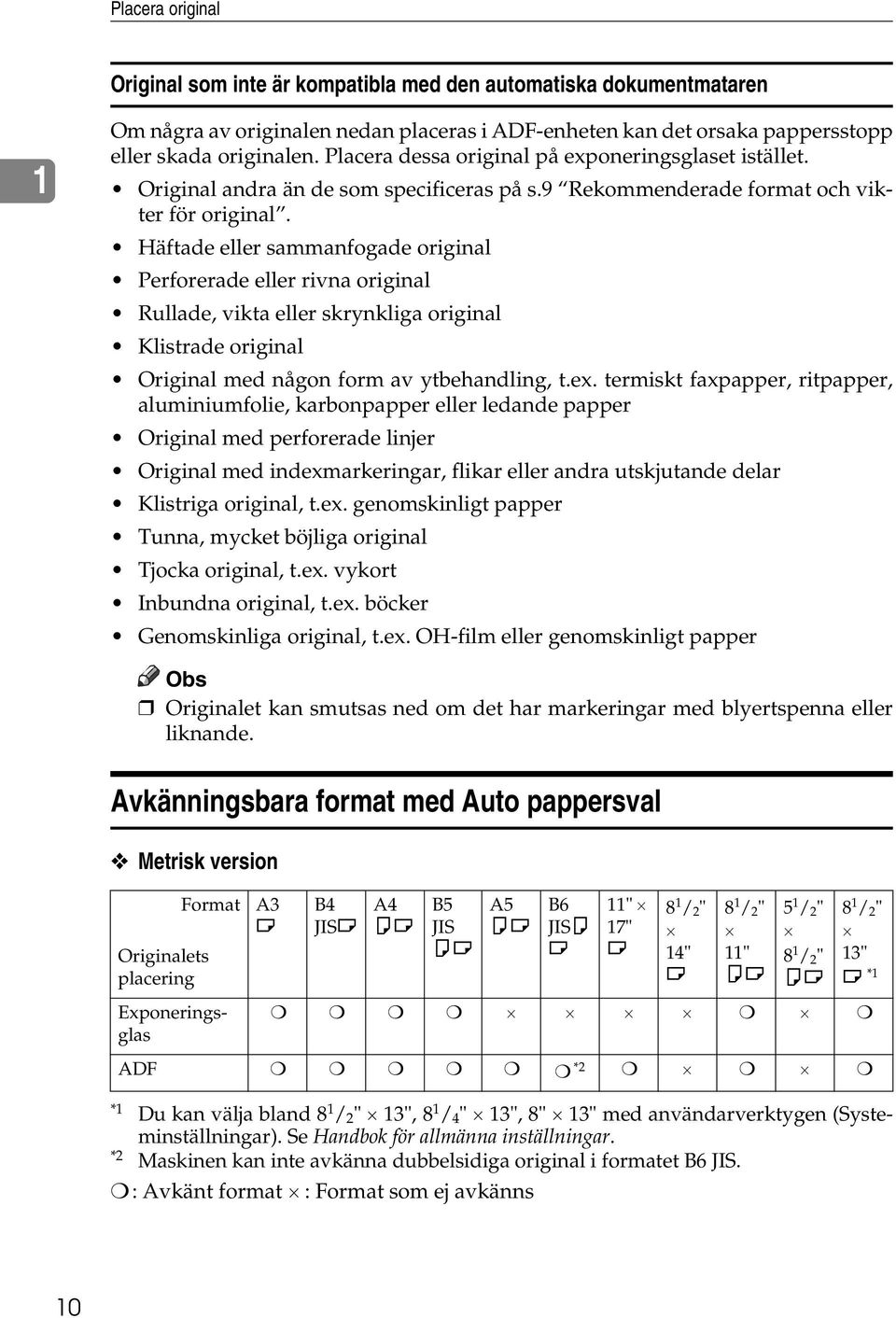 Häftade eller sammanfogade original Perforerade eller rivna original Rullade, vikta eller skrynkliga original Klistrade original Original med någon form av ytbehandling, t.ex.