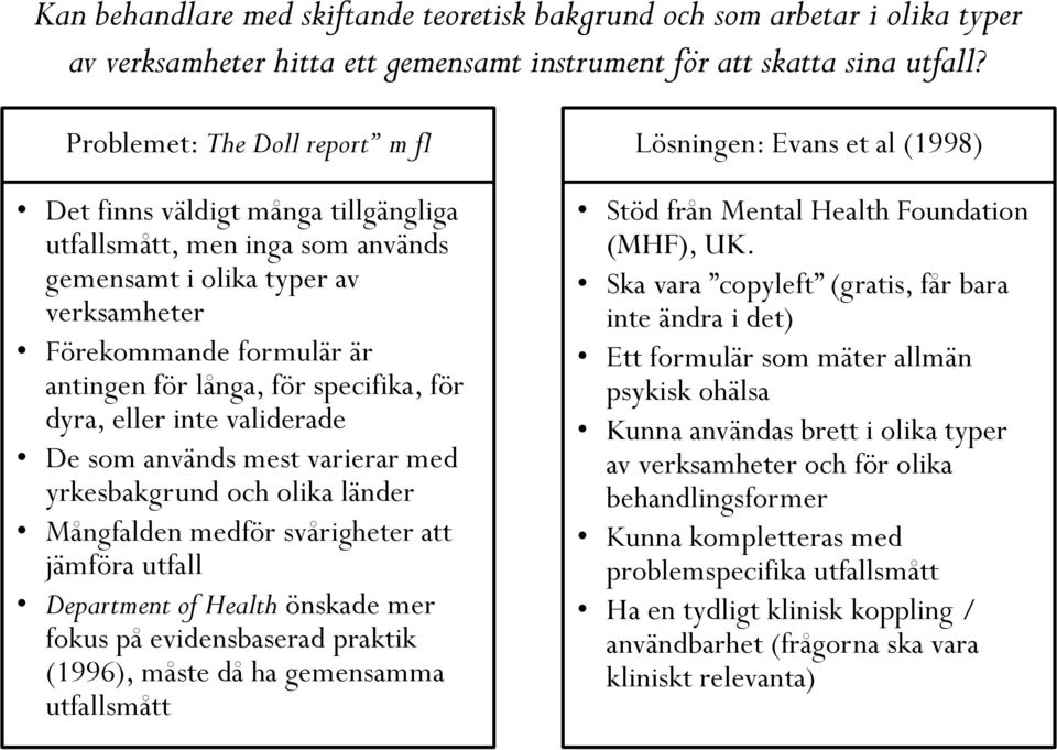 specifika, för dyra, eller inte validerade De som används mest varierar med yrkesbakgrund och olika länder Mångfalden medför svårigheter att jämföra utfall Department of Health önskade mer fokus på