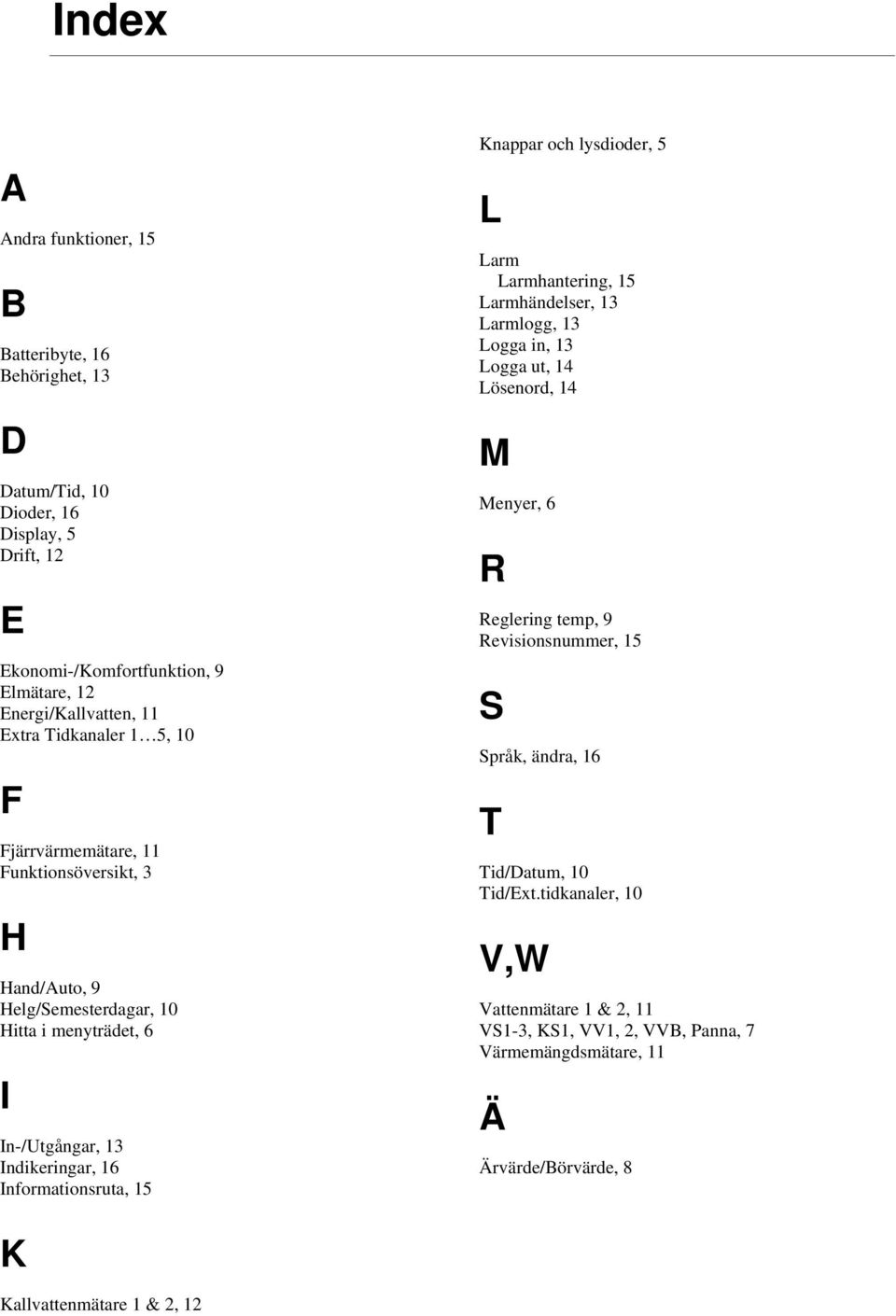 Knappar och lysdioder, 5 L Larm Larmhantering, 15 Larmhändelser, 13 Larmlogg, 13 Logga in, 13 Logga ut, 14 Lösenord, 14 M Menyer, 6 R Reglering temp, 9 Revisionsnummer, 15 S Språk,