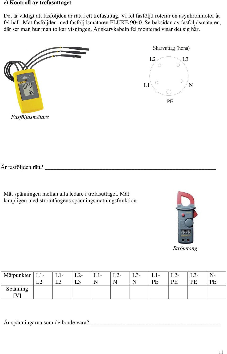 Är skarvkabeln fel monterad visar det sig här. Skarvuttag (hona) L2 L3 L1 N Fasföljdsmätare Är fasföljden rätt?