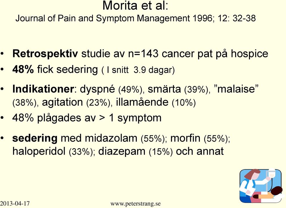 9 dagar) Indikationer: dyspné (49%), smärta (39%), malaise (38%), agitation (23%),