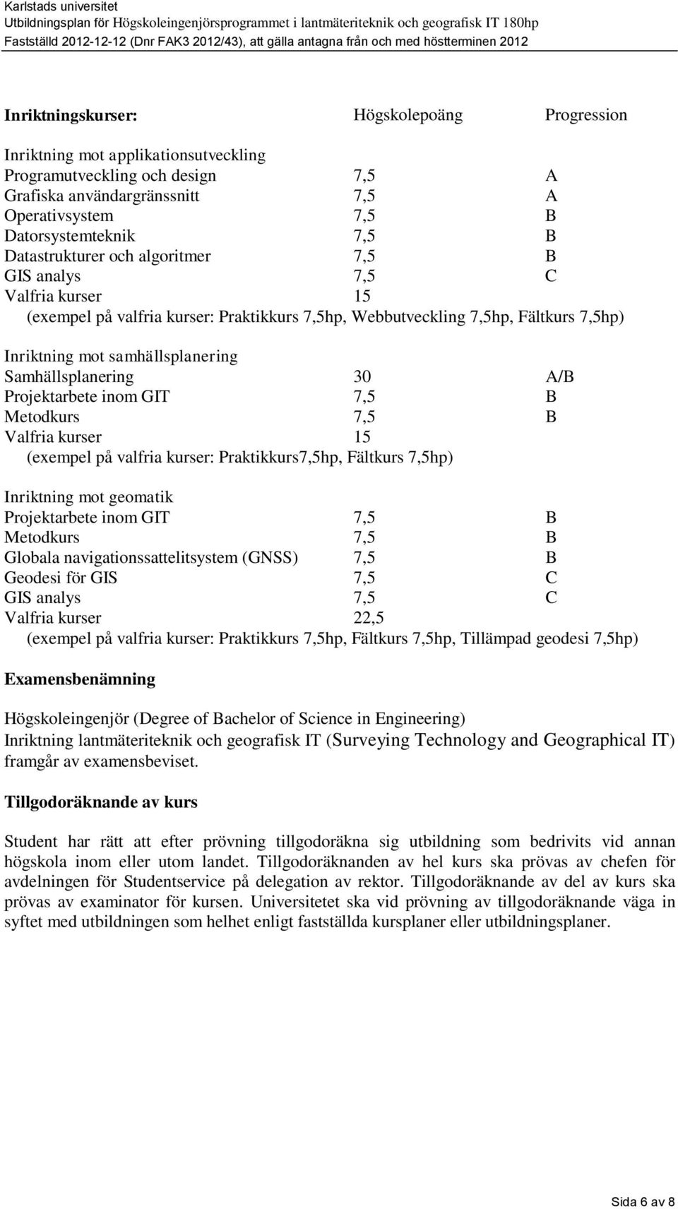 Projektarbete inom GIT 7,5 B Metodkurs 7,5 B Valfria kurser 15 (exempel på valfria kurser: Praktikkurs, Fältkurs ) Inriktning mot geomatik Projektarbete inom GIT 7,5 B Metodkurs 7,5 B Globala