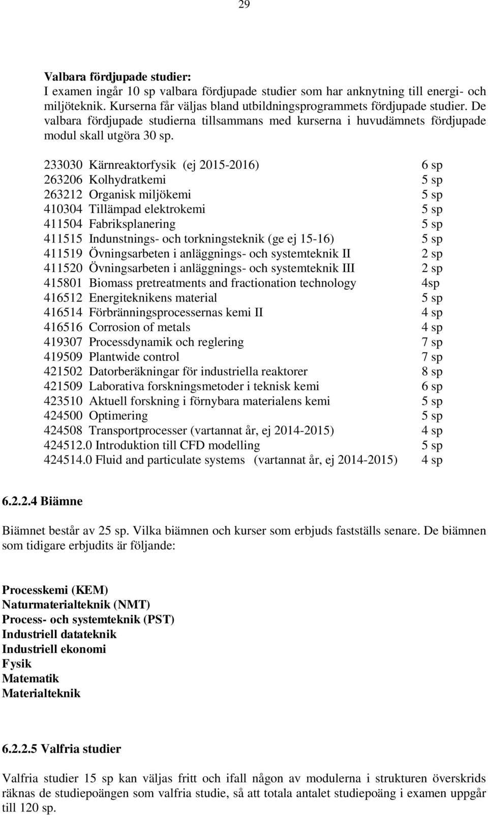 233030 Kärnreaktorfysik (ej 2015-2016) 6 sp 263206 Kolhydratkemi 5 sp 263212 Organisk miljökemi 5 sp 410304 Tillämpad elektrokemi 5 sp 411504 Fabriksplanering 5 sp 411515 Indunstnings- och