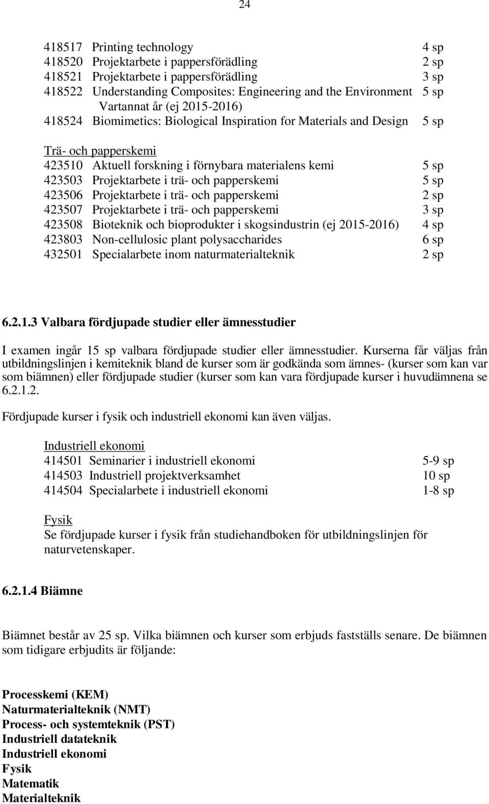 Projektarbete i trä- och papperskemi 5 sp 423506 Projektarbete i trä- och papperskemi 2 sp 423507 Projektarbete i trä- och papperskemi 3 sp 423508 Bioteknik och bioprodukter i skogsindustrin (ej
