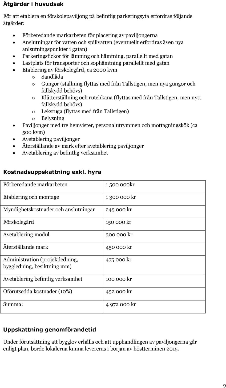 Etablering av förskolegård, ca 2000 kvm o Sandlåda o Gungor (ställning flyttas med från Tallstigen, men nya gungor och fallskydd behövs) o Klätterställning och rutchkana (flyttas med från Tallstigen,