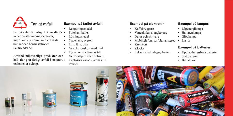 Exempel på farligt avfall: Rengöringsmedel Fotokemikalier Lösningsmedel Nagellack, aceton Lim, färg, olja Gratulationskort med ljud Fyrverkerie - lämnas till återförsäljare eller Polisen Explosiva