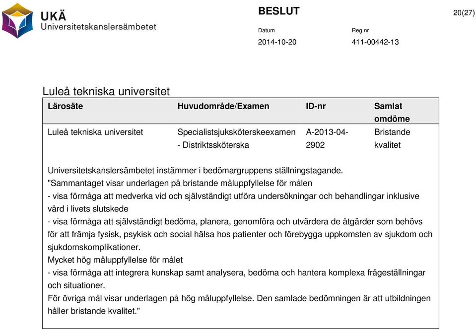 "Sammantaget visar underlagen på bristande måluppfyllelse för målen - visa förmåga att medverka vid och självständigt utföra undersökningar och behandlingar inklusive vård i livets slutskede - visa