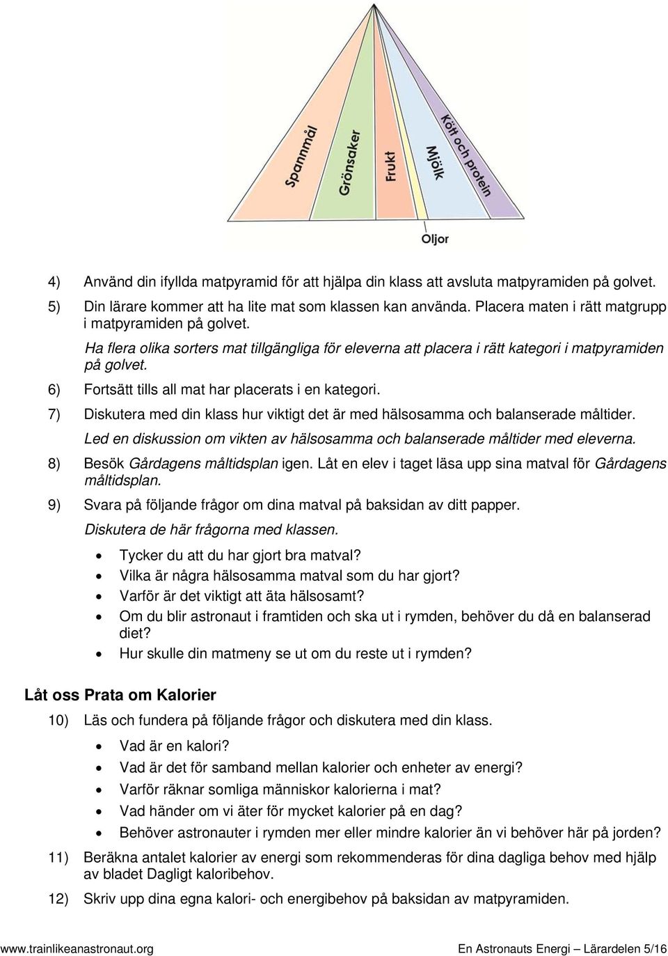 6) Fortsätt tills all mat har placerats i en kategori. 7) Diskutera med din klass hur viktigt det är med hälsosamma och balanserade måltider.