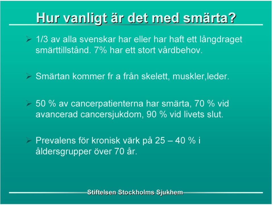 7% har ett stort vårdbehov. Smärtan kommer fr a från skelett, muskler,leder.