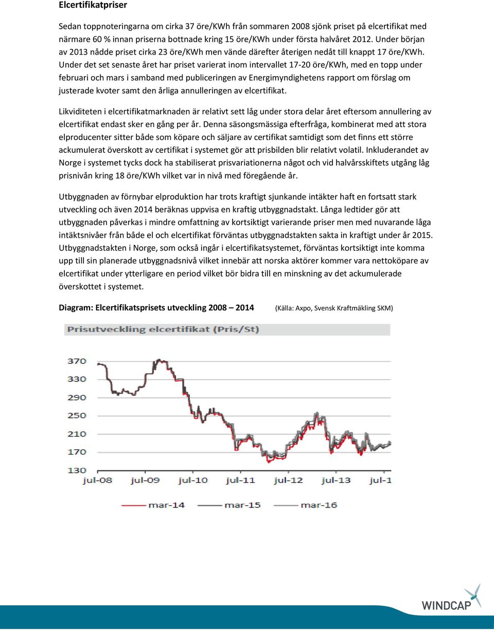 Under det set senaste året har priset varierat inom intervallet 17-20 öre/kwh, med en topp under februari och mars i samband med publiceringen av Energimyndighetens rapport om förslag om justerade