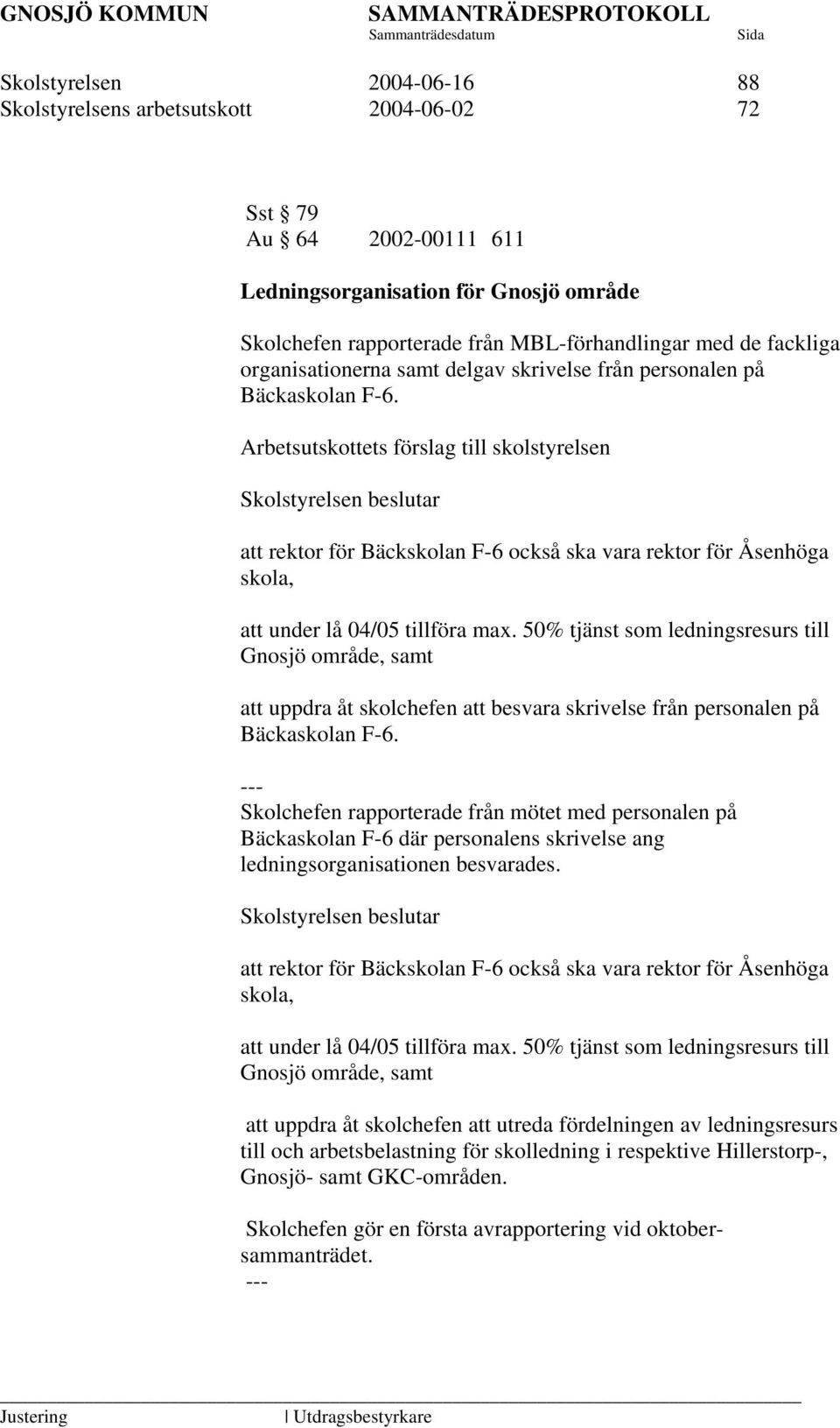 50% tjänst som ledningsresurs till Gnosjö område, samt att uppdra åt skolchefen att besvara skrivelse från personalen på Bäckaskolan F-6.