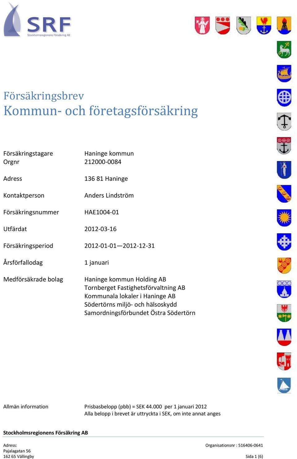 Holding AB Tornberget Fastighetsförvaltning AB Kommunala lokaler i Haninge AB Södertörns miljö- och hälsoskydd Samordningsförbundet Östra Södertörn