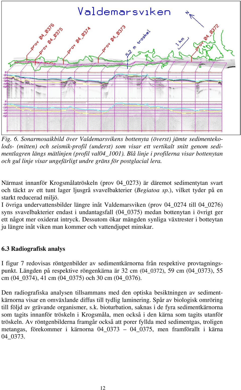 val04_1001). Blå linje i profilerna visar bottenytan och gul linje visar ungefärligt undre gräns för postglacial lera.