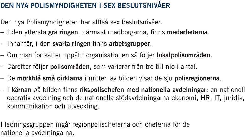 Därefter följer polisområden, som varierar från tre till nio i antal. De mörkblå små cirklarna i mitten av bilden visar de sju polisregionerna.